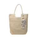 Beigefarbene gewebte Stroh-Shopper-Tasche mit Bohème-Quaste und blauem bösen Blick - Gebrochenes Weiß