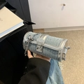 Borsa a cilindro in denim blu alla moda con catena argento e dettagli in strass lucidi - Argento