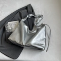 Modern silver metallic crinkle tote bag with ruffled shoulder strap and large capacity - Without Cloud Pendant / Silver