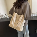 Large capacity canvas tote bag in beige with double straps for shoulder or hand carry - Beige Grey