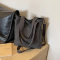 Dark grey canvas tote bag with metal snap pocket and adjustable crossbody strap - Dark Brown