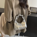 Silver metallic pleated handbag with pearl bow charm and silver chain strap for women - With Pendant / Silver