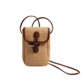 Mini sac bandoulière en paille tressée pour téléphone avec finitions cuir et bouton corne - Kaki