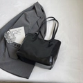 Minimalist black glossy leather tote bag with adjustable silver buckle shoulder strap - Black without Pendant