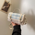 Borsa a tracolla chic a quadri crema e blu con manico e finiture in metallo oro - Bianco Sporco