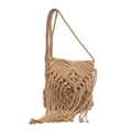 Bohemian beige woven straw bag with geometric patterns and long fringe tassels - Khaki