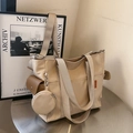 Large beige nylon tote bag with brown side pocket and matching round coin purse detail - Khaki