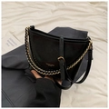 Detail of black leather shoulder bag with adjustable strap and gold chain handle - No Pendant / Black