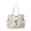 Cream white large capacity nylon tote bag with drawstring closure and multi-pocket design - White