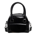 Glossy black leather handbag with silver chain strap and circular handles in front view - Black