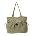 Army green nylon tote bag with drawstring pockets and brown webbing shoulder straps - Green