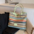 Gewebte Stroh-Shopper-Tasche mit bunten Streifen und großem Fassungsvermögen für Sommer - Grün