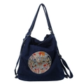 Mochila multifuncional de mezclilla azul oscuro con bordado de dragón y correas dobles - Azul marino