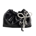 Glossy black pleated bucket bag with pearl bow charm and silver chain strap - Black