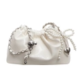 Chic white pleated bucket bag with silver chain and pearl bow charm detail - Off-white