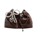 Dark brown pleated leather bucket bag with pearl bow and silver heart charm decoration - Coffee