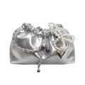 Silver metallic pleated bucket bag with pearl strand and large heart pendant - Silver