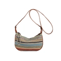 Handwoven crescent straw bag featuring colorful stripes and a brown shoulder strap - Brown