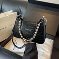 Elegant black crocodile pattern leather underarm bag with silver bead chain accessory - Pink
