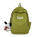 Grasgroene nylon rugzak in Koreaanse stijl voor studenten met wit Süjú-logo en een pluche hondenhanger - Groen met Hanger