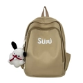Khaki nylon casual rugzak voor studenten met een schattige witte cartoon hond hanger - Khaki Met Hanger