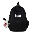 Classic black high school backpack with Suju logo and a white plush dog pendant - Black With Pendant