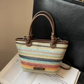 Handmade multi-color striped straw woven handbag with knot handles and logo plate - Colorful