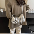 Silver metallic pleated crescent bag with adjustable shoulder strap and glossy finish - Silver