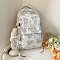 Cremefarbener Rucksack für Schüler mit Teddybär-Print und Plüsch-Hasen-Anhänger - Weiß Mit Anhänger