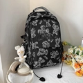 Schwarzer Schulrucksack mit weißem Bärenmuster und süßem Kaninchen-Anhänger - Schwarz Mit Anhänger