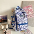 Blau-weißer Schulrucksack mit süßen Graffiti-Mustern und einem Plüschbär-Schlüsselanhänger - Mit Anhänger / Blau