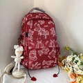 Dunkelroter Schulrucksack mit Bärenmuster und einem weißen Plüschhasen-Anhänger - Rot mit Anhänger