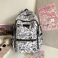 Weißer Canvas-Schulrucksack mit schwarzem Graffiti-Muster und geräumigen Fächern - Ohne Anhänger / Schwarz