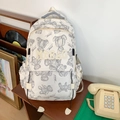 Cremefarbener Leinwand-Rucksack mit Bärenmuster und MDBAG-Schriftzug für Studenten - Weiß Ohne Anhänger