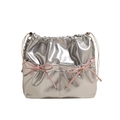 Silver PU leather drawstring bag with light pink ribbon bows and metallic finish - Silver Large