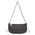 Sac baguette en denim noir avec rivets argentés et bandoulière chaîne style punk - Noir