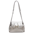 Silver metallic shoulder bag with butterfly clasp and chain strap on white background - Silver