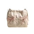 Cream PU leather drawstring bucket bag featuring cute pink bow accents and silver chain - Beige White Large