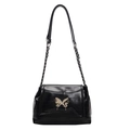 Glossy black shoulder bag with metallic butterfly buckle and silver chain strap - Black