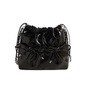 Minimalist black shiny PU leather bucket bag with bow drawstring and silver chain strap - Black Large
