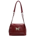Dark red textured PU leather crossbody bag with silver butterfly buckle and chain - Red