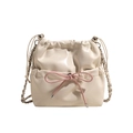 Minimalist cream white PU leather bucket bag with pink ribbon bow and chain strap - Small / Off White