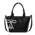 Bolso tipo cubo negro elegante con colgante de lazo de perlas y logotipo moderno - Negro