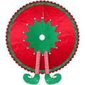Détail du tapis de sapin de Noël rouge avec jambes de lutin et bords ondulés - Diamètre 92cm