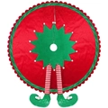 Christmas tree skirt with elf legs and red green pompom trim for holiday decoration - Elf Theme Contrast Style