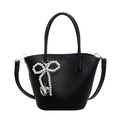 Elegant black lychee leather tote bag with pearl bow and silver heart pendant - Black