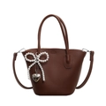 Dark brown pebbled leather bucket bag with pearl bow and silver heart pendant - Brown