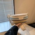 Bolso de pecho de paja para mujer en cuero crema y rayas tejidas en contraste - Blanco
