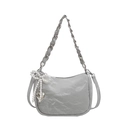 Light gray pleated shoulder bag with pearl bow charm and silver chain strap - Silver