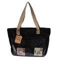 Large black nylon tote bag with brown straps and cute cookie plush keychain - With Charm / Black